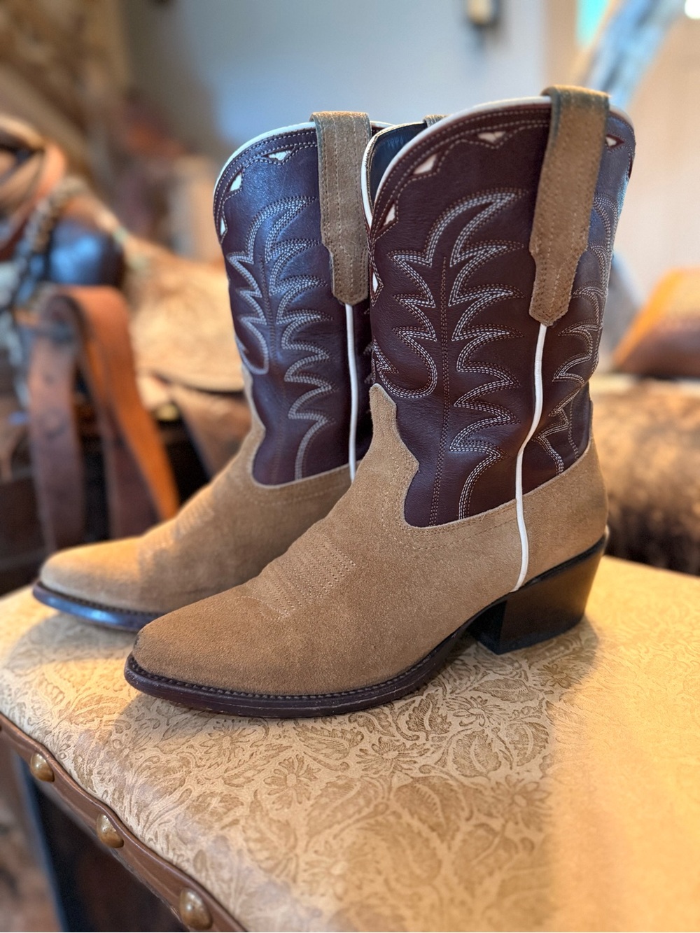 $100. BOOT DROP!! Tecovas Suede and Leather Cowboy Boots — Tan and Dark Bro
